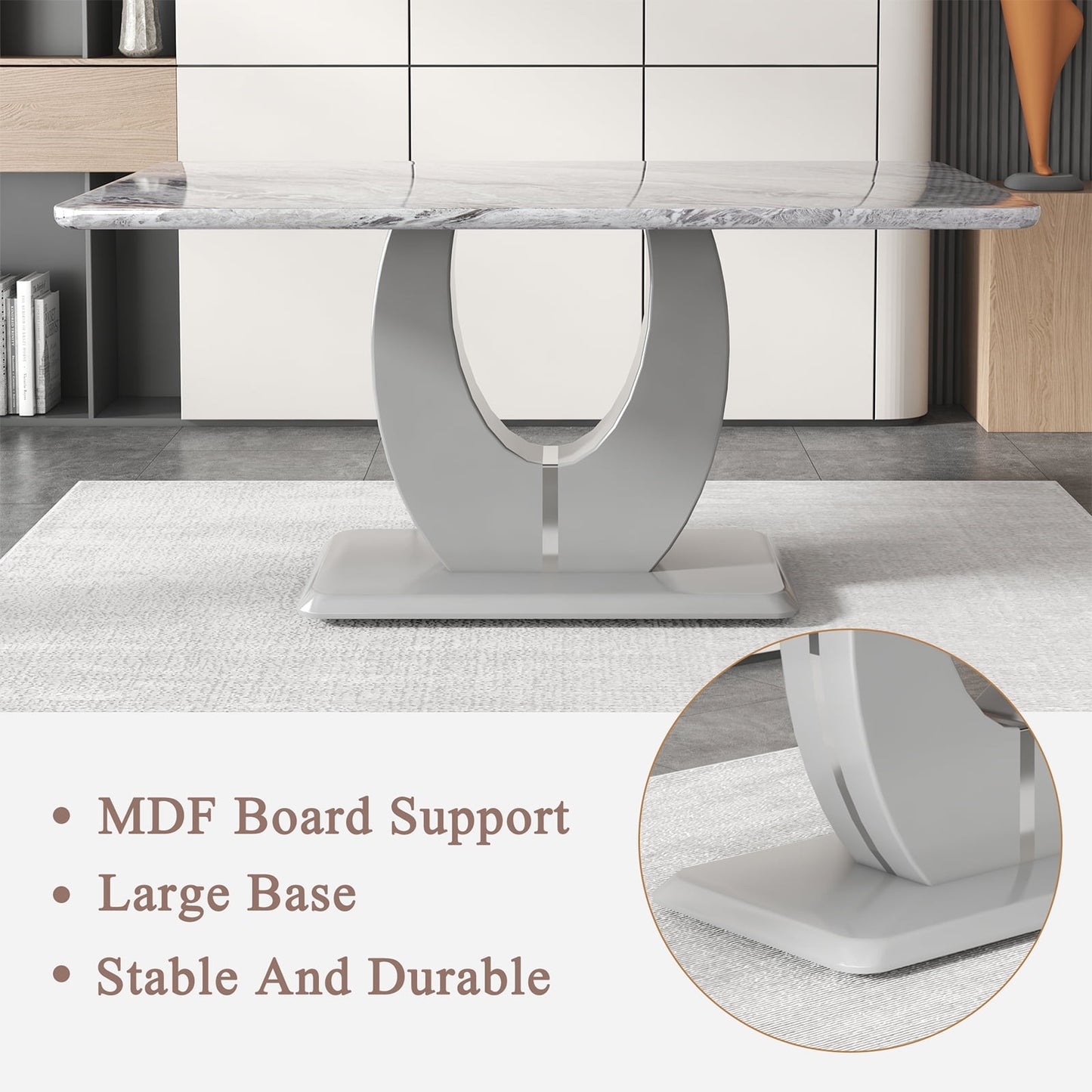 63" Marble Dining Table for 6 £¬Sudica Faux Marble Dining Room MDF Table with U-Shaped Bracket Support, Gray