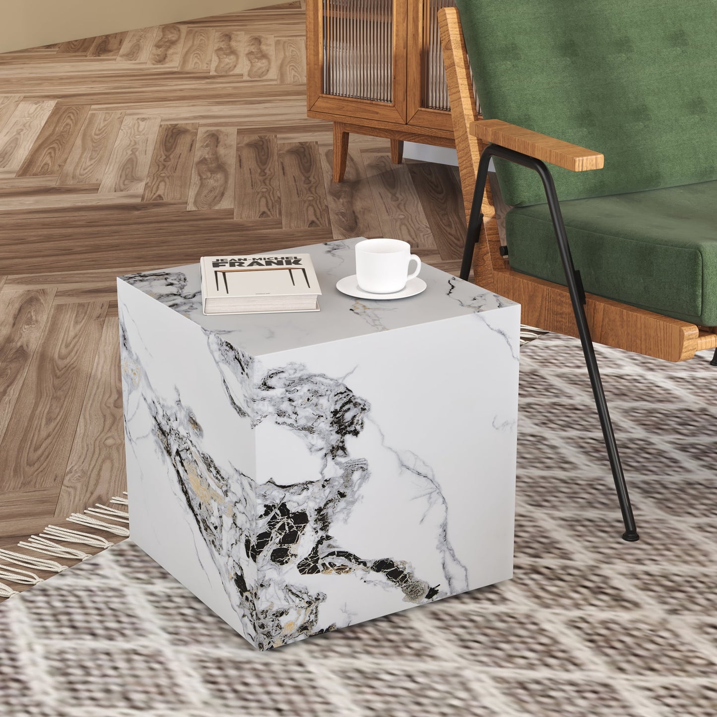 Sudica Coffee Table Set of 3, Modern Marble Cube End Table 3-Piece with Faux Marble Top Center Table for Living Room