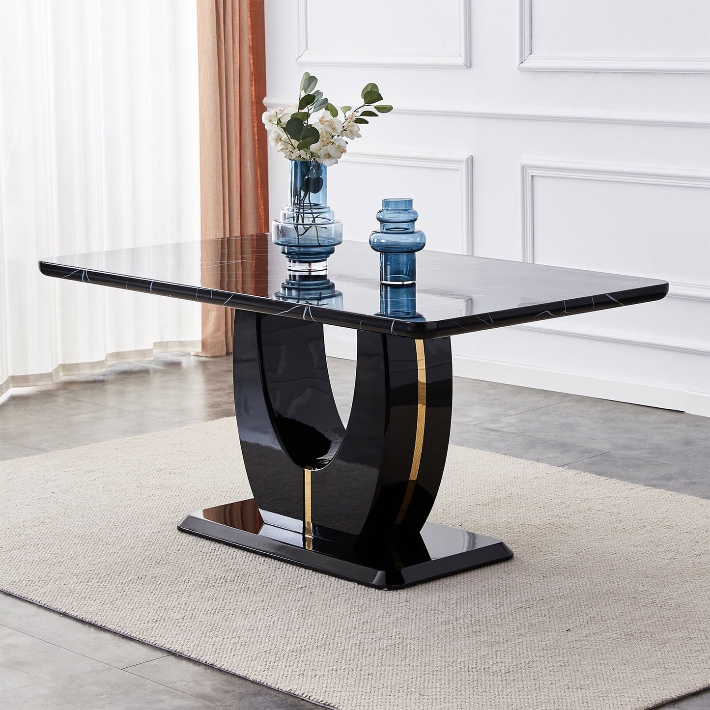 Sudica 63" Marble Dining Table for 6 Black Faux Marble Dining Room MDF Table with U-Shaped Support