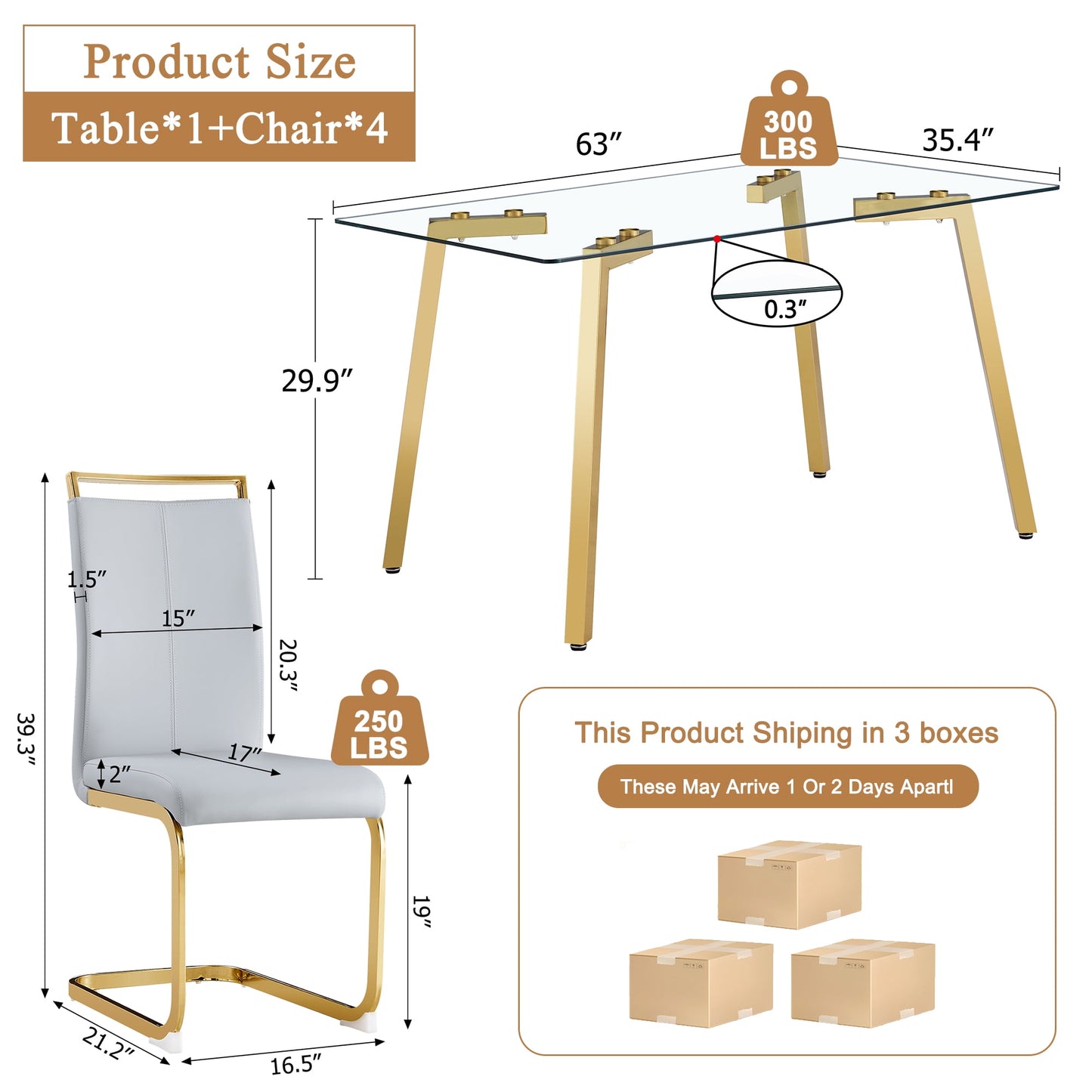 63" Large Glass Dining Table Set for 4, Sudica Gold Legs Kitchen Table with Faux Leather Dining Chairs,Light Gray