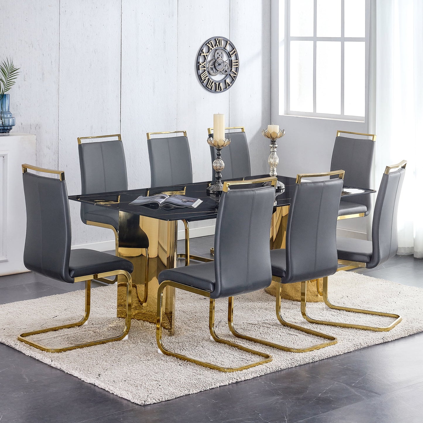 Sudica 9 Pcs Dining Table Set£¬71" Faux Marble Black Rectangular Dining Table and Upholstered PU Leather Dining Room Chairs for Kitchen,Gray