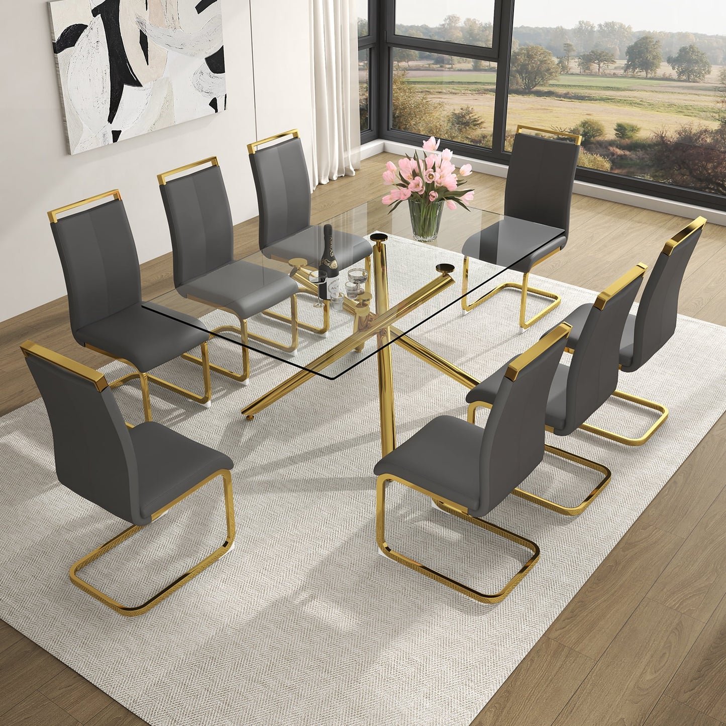 Sudica Glass Dining Table Set for 8, 71" Large Rectangular Kitchen Glass Dinner Table with Upholstered Golden Legs Dining Room Chairs, Gray