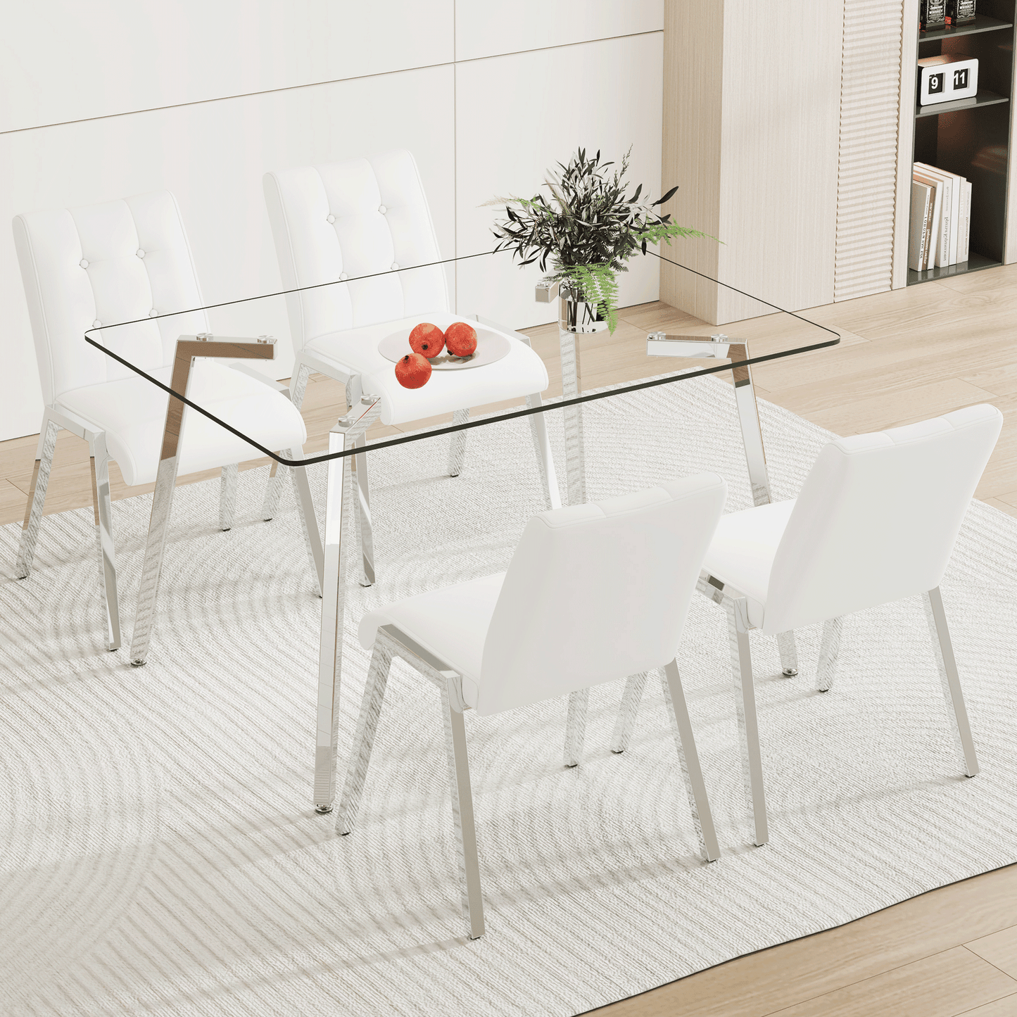 Glass Dining Table Set, Sudica Rectangular Kitchen Table with Upholstered Faux Leather Dining Room Chairs, White