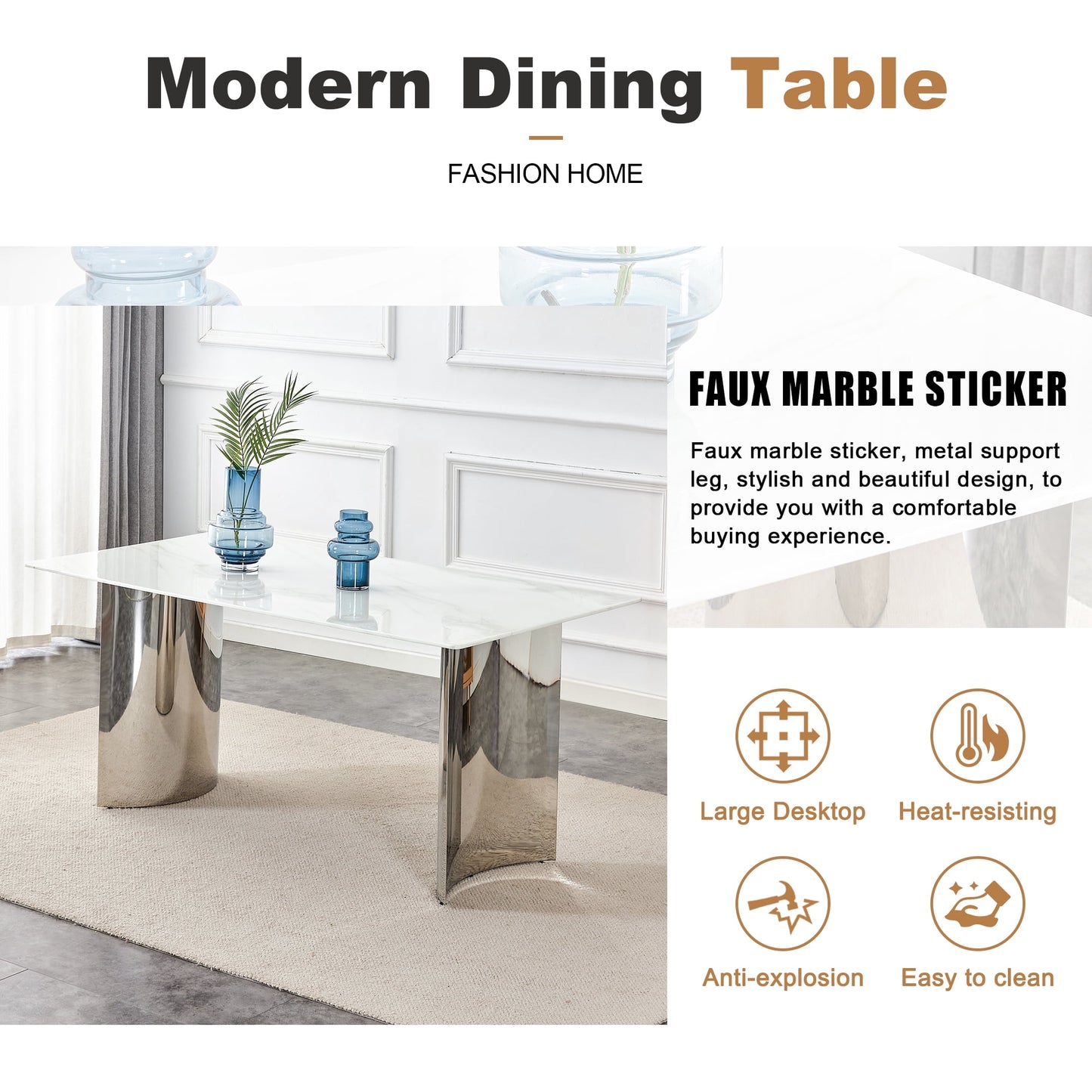 Sudica Marble Dining Table,63" MDF Kitchen Table with Chrome Plate Metal Base for 4-6 People,White