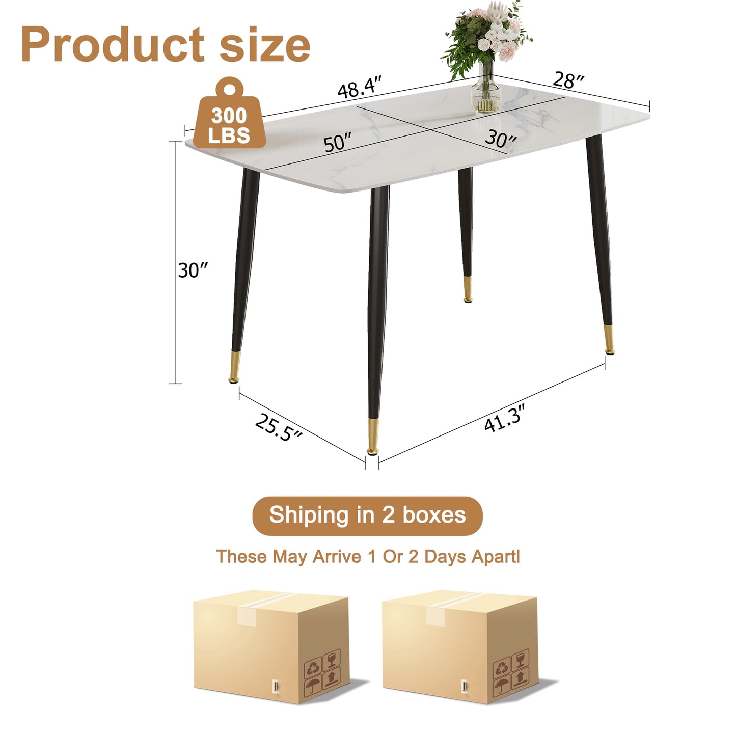 Sudica Dining Table 48" Rectangle Faux Marble Kitchen Dining Room Table with Metal Legs, White