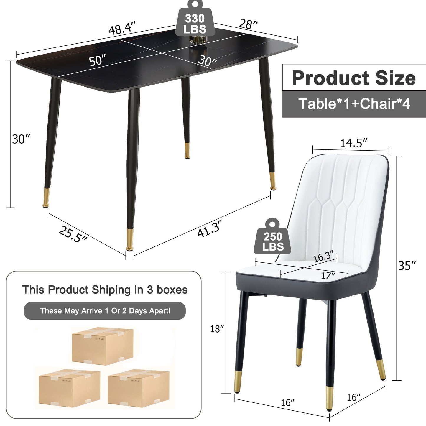 Sudica 5-Piece Kitchen Dining Table Set,Black Faux Marble Dining Tabletop with 4 Faux Leather Dining Room Chairs, White