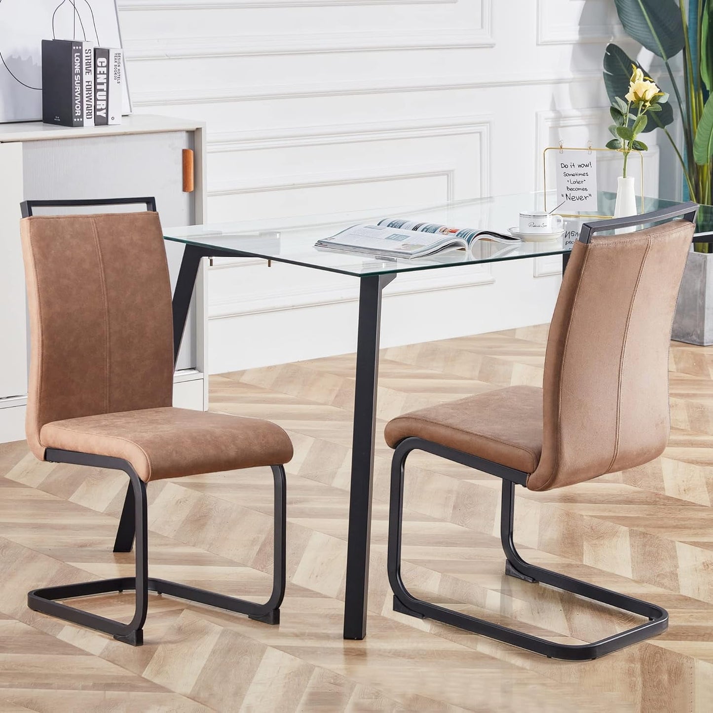 Sudica Modern Dining Chairs Set of 2 Linen Kitchen Dining Side Chairs with Metal Legs for Home, Brown