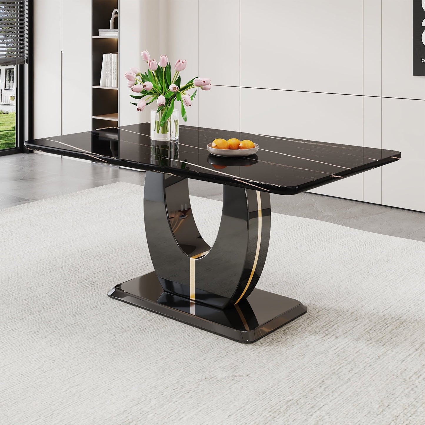 63 inch Faux Marble Dining Table for 6 ，Sudica Faux Marble Dining Room MDF Table with U-Shaped Bracket Support, Black