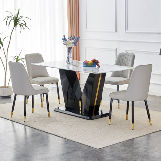 Sudica 63" Dining Table Set 5-Piece Marble Rectangular Kitchen Table & 4 Faux Leather Padded Dining Chair Set,White