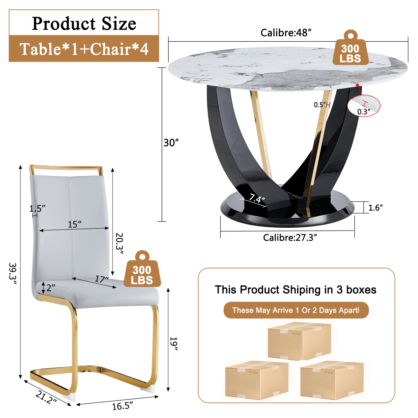 Sudica Round Dining Set for 4, 48" Round Marble Dining Table with PU Leather Dining Chairs, Gold Legs, Light Gray