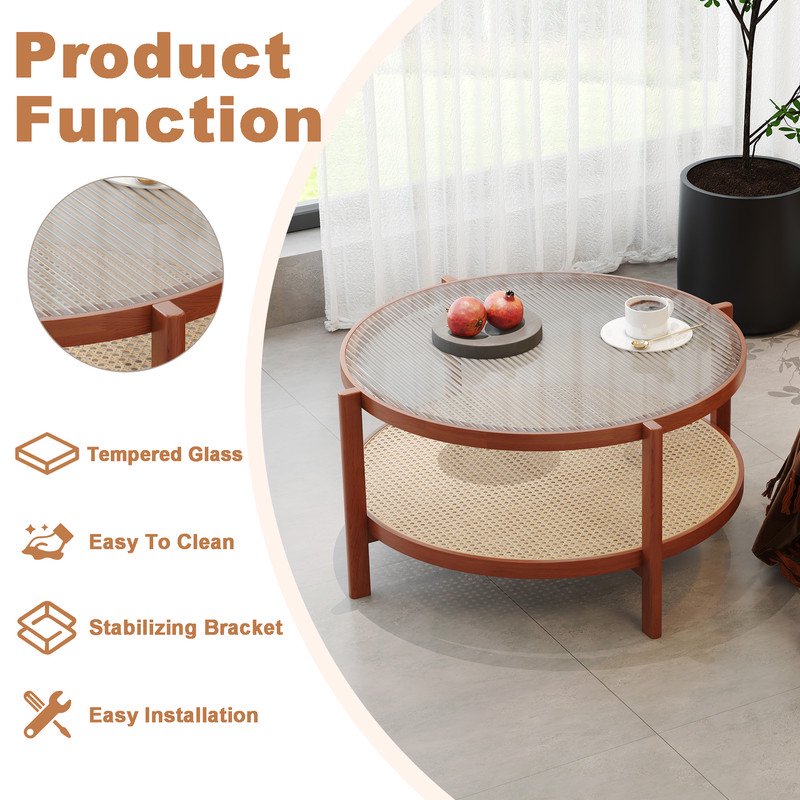 Sudica Modern Minimalist Circular Double-Layer Solid Wood Coffee Table, Craft Glass Tabletop,Pe Rattan with Solid Wood Frame,for Living Room, Dining Room and Bedroom HT