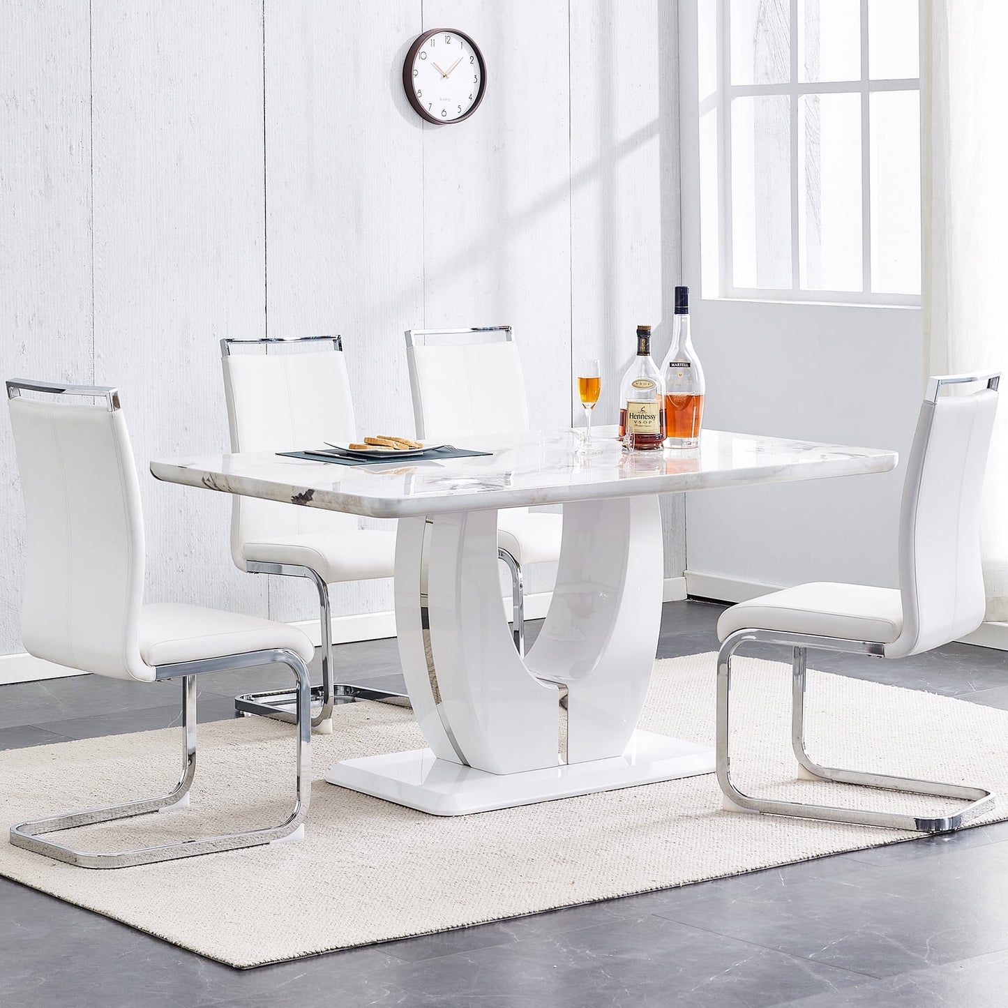 Sudica Marble Dining Table for 6 People 63" White Faux Marble Dining Room MDF Table with U-Shaped Support