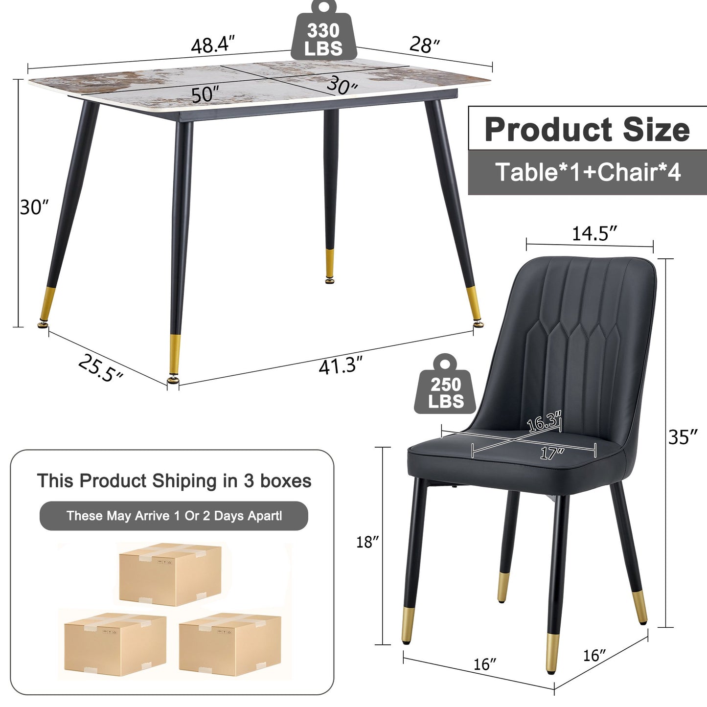 Sudica 5-Piece Dining Table Set,White Faux Marble Dining Tabletop with 4 Faux Leather Dining Room Chairs,Black