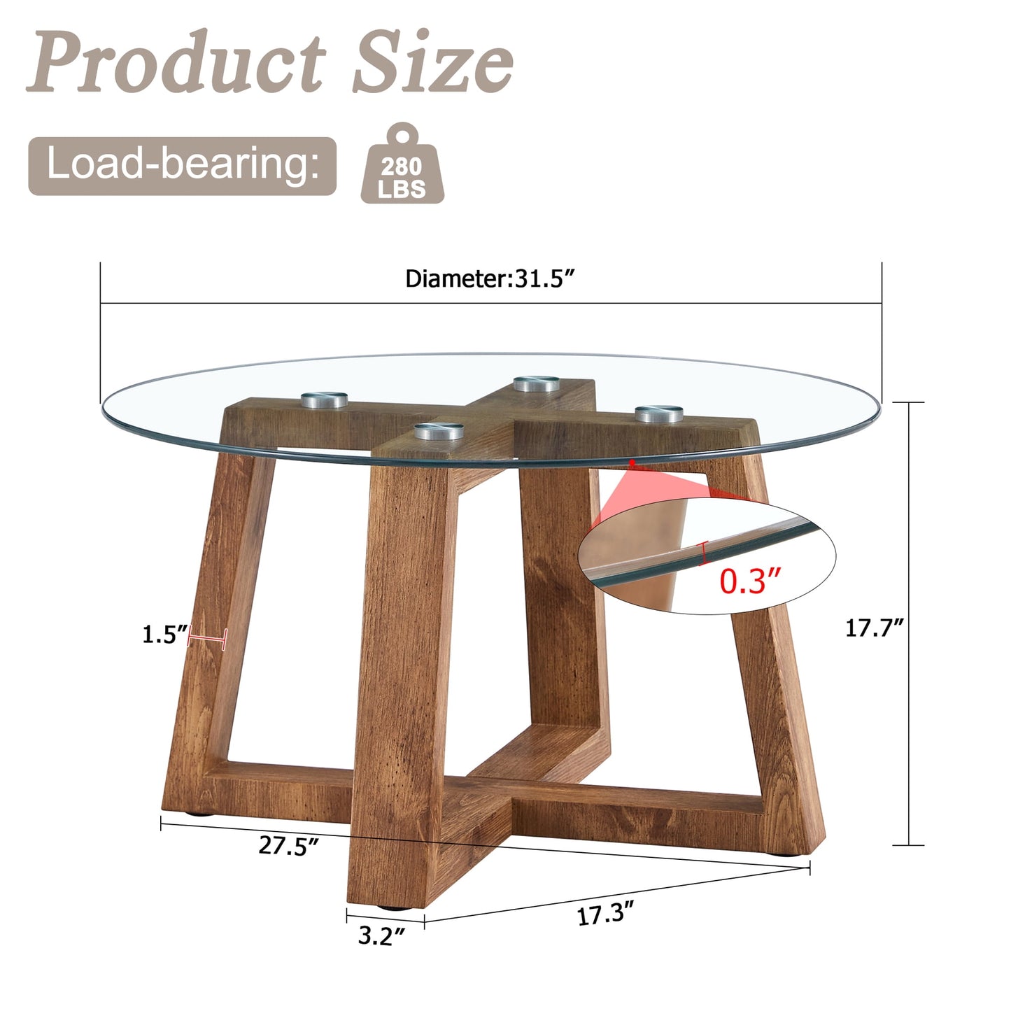 Sudica Glass Coffee Table,31 inch Modern Round Center Table with Wood Legs for Living Room