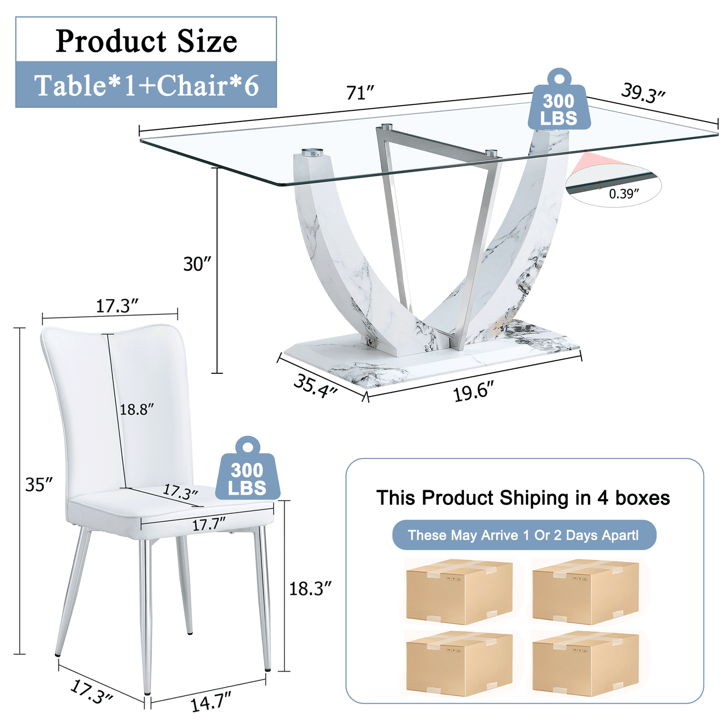 Sudica 71"Glass Dining Table with Chairs for 6, Rectangular Glass Table with Upholstered Dining Room Chairs. White