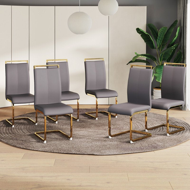 Modern Dining Chairs Set of 6 Sudica Faux Leather Dining Room Chairs with Golden Legs High Back Chair,Grey