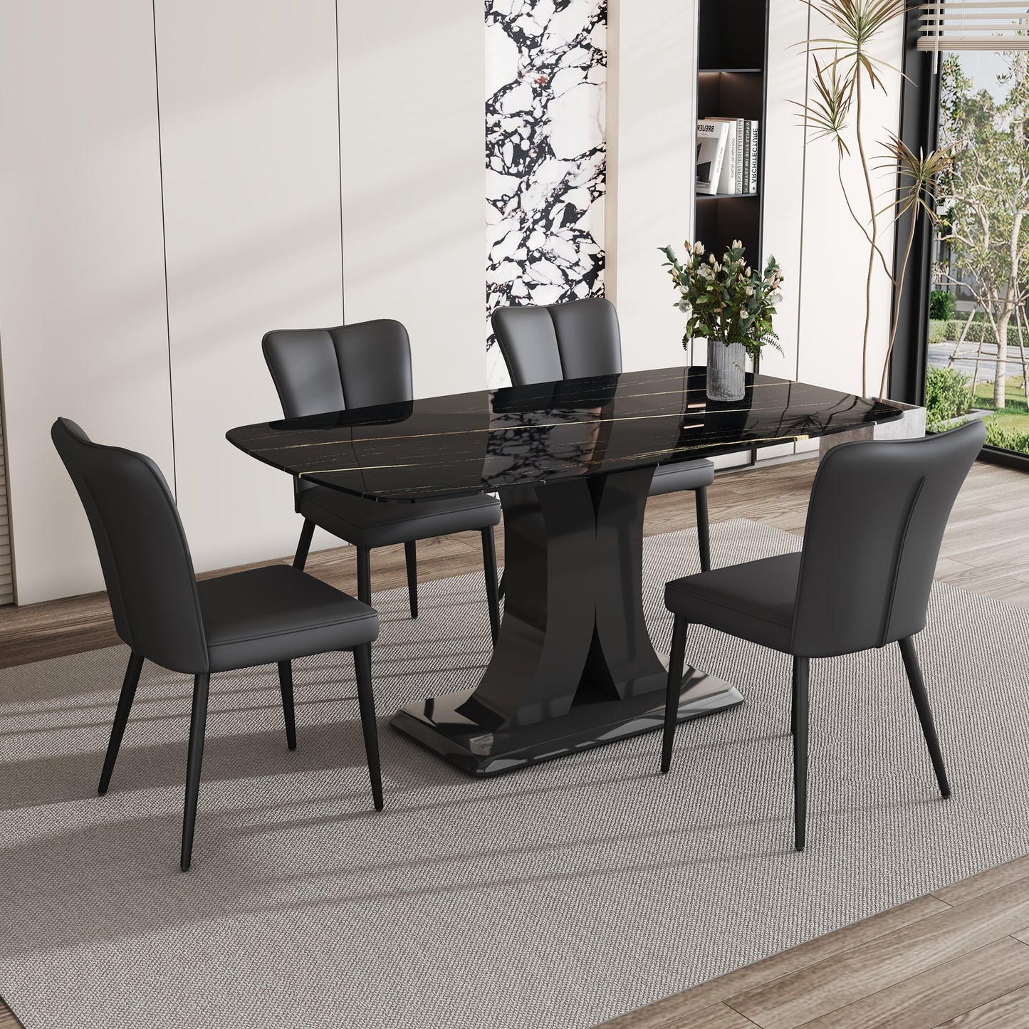 Sudica Marble Dining Set for 4, 63" Black Rectangular Kitchen Table with Modern PU Leather Dining Chairs, Black