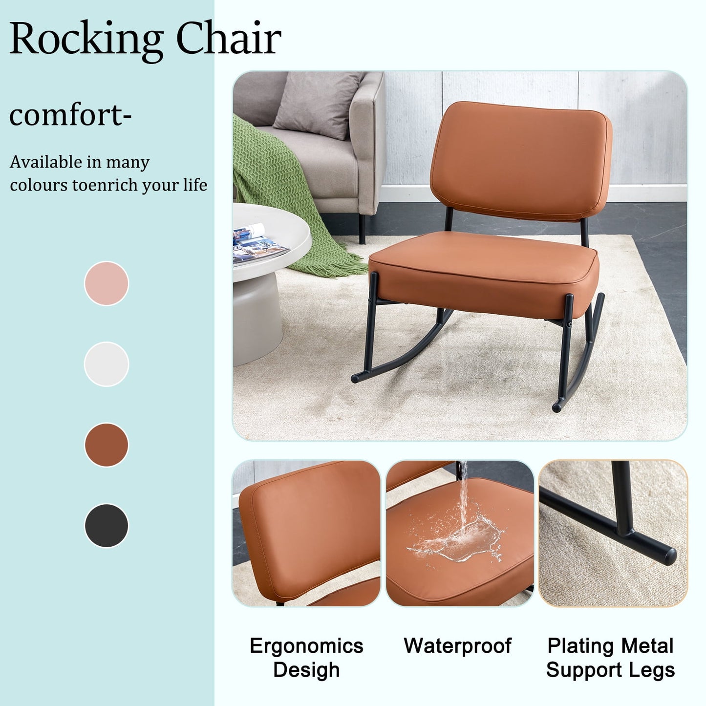 Sudica PU Leather Rocking Accent Chairs with Metal Legs, Upholstered Modern Armless Rocker Chair for Bedroom,Brown