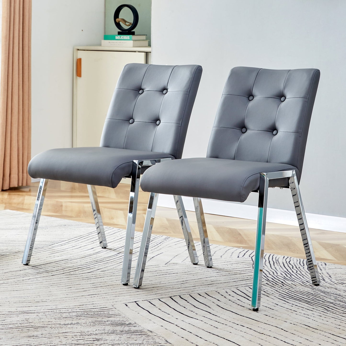 Sudica Set of 2 Dining Room Chairs Upholstered Tufted Mid-Century Modern Kitchen Chairs with Chomon Legs, Gray(chairs only)