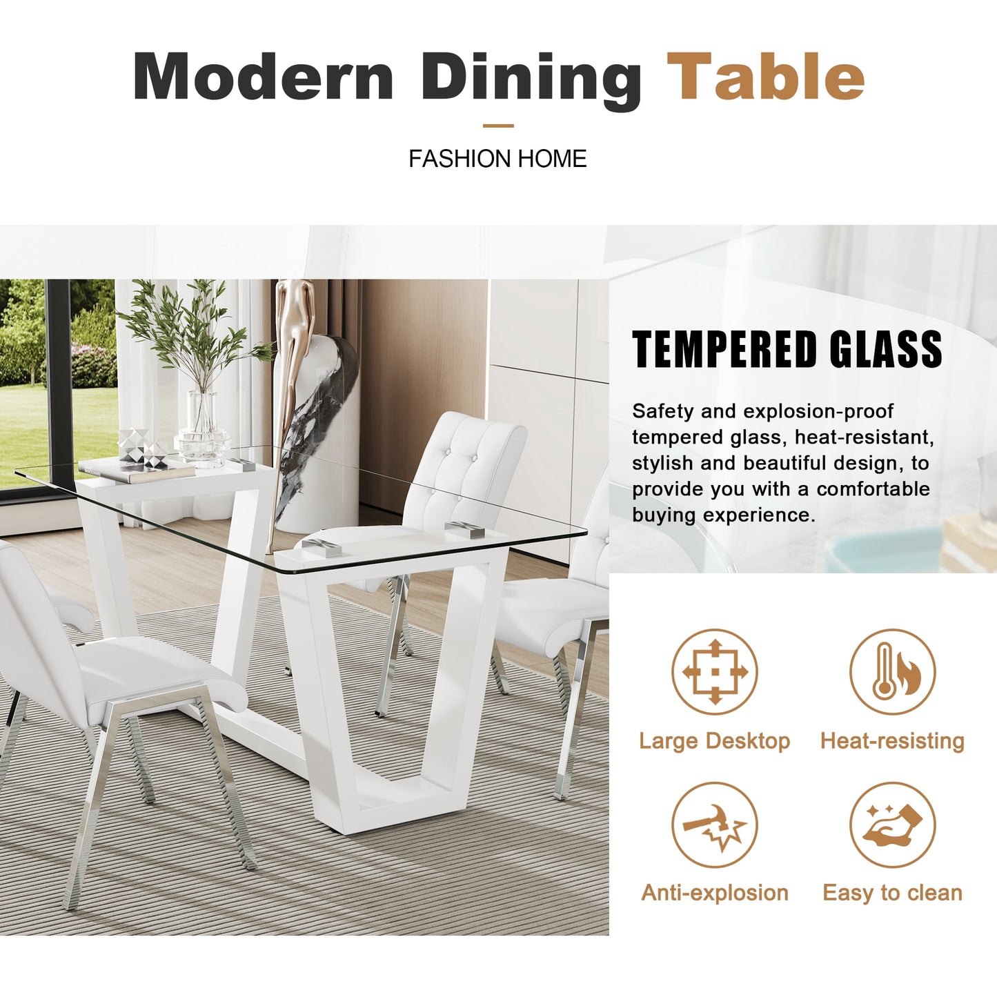 Sudica Glass Dining Table 63" Rectangular Tempered Glass Kitchen Table with White MDF Legs for Dining Room