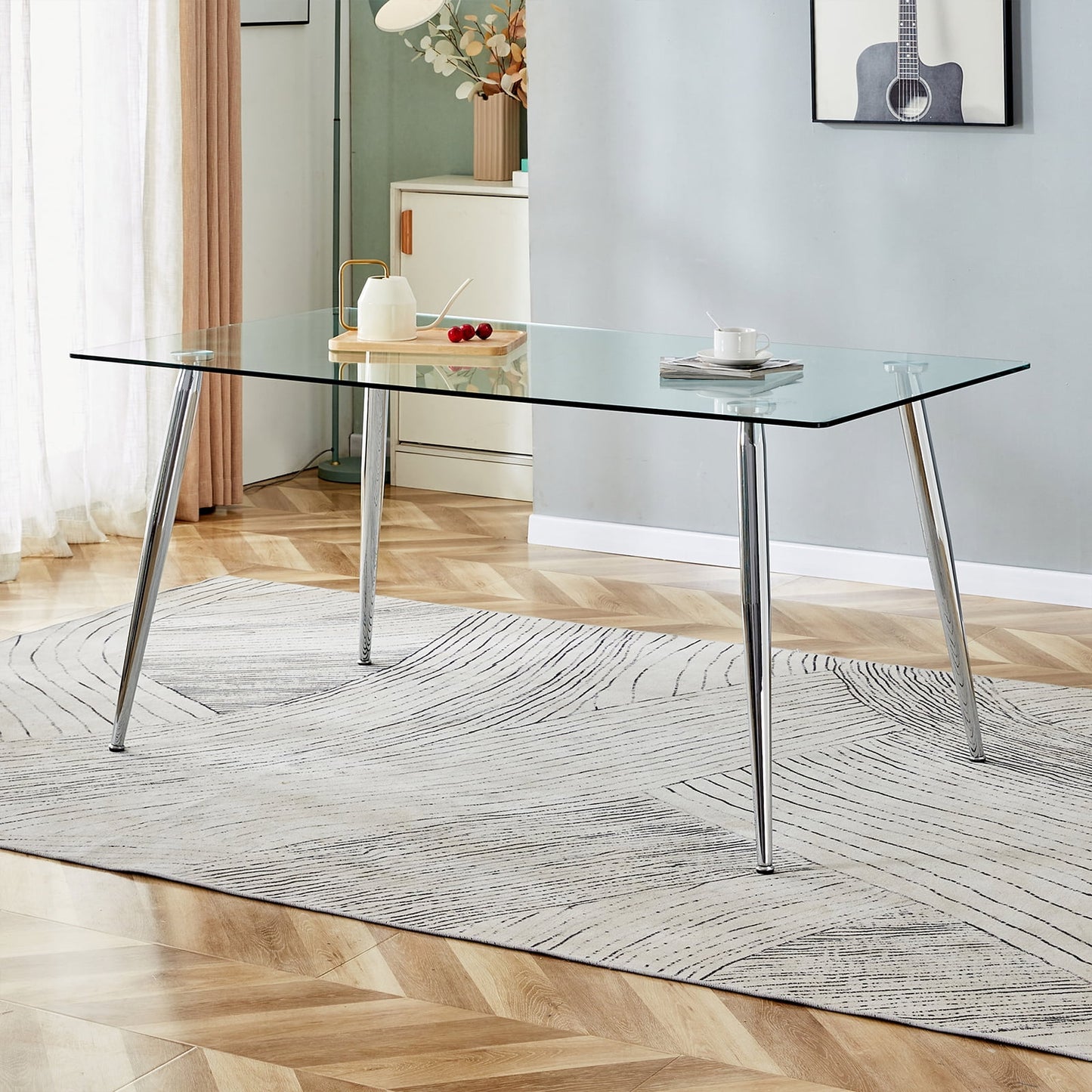 Tempered Glass Dining Table for 4, Sudica 51" Modern Rectangular Glass Kitchen Table with 4 Silver Plating Metal Legs