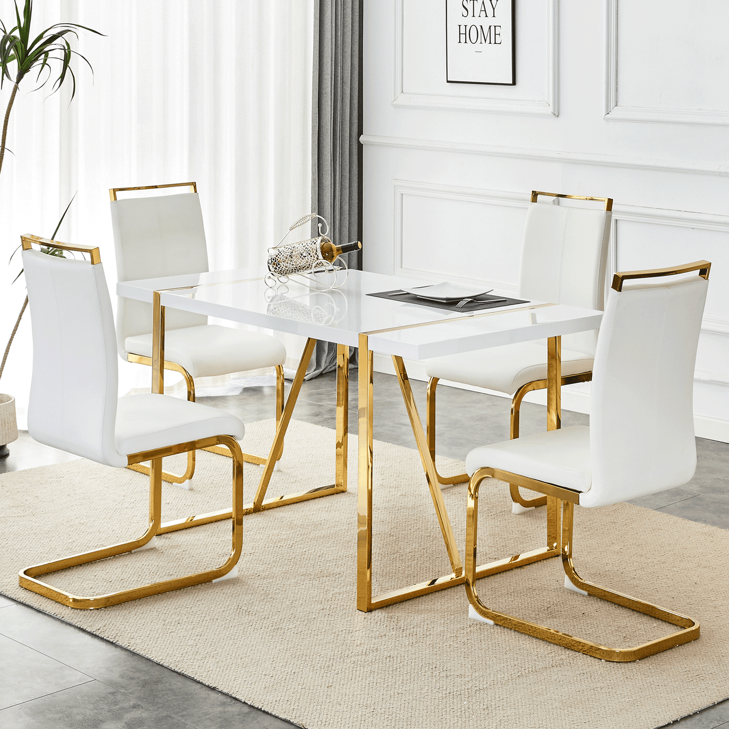 Sudica Dining Table Set for 4£¬Faux Marble White Rectangular Dining Table and PU Leather Dining Room Chairs for Kitchen, White