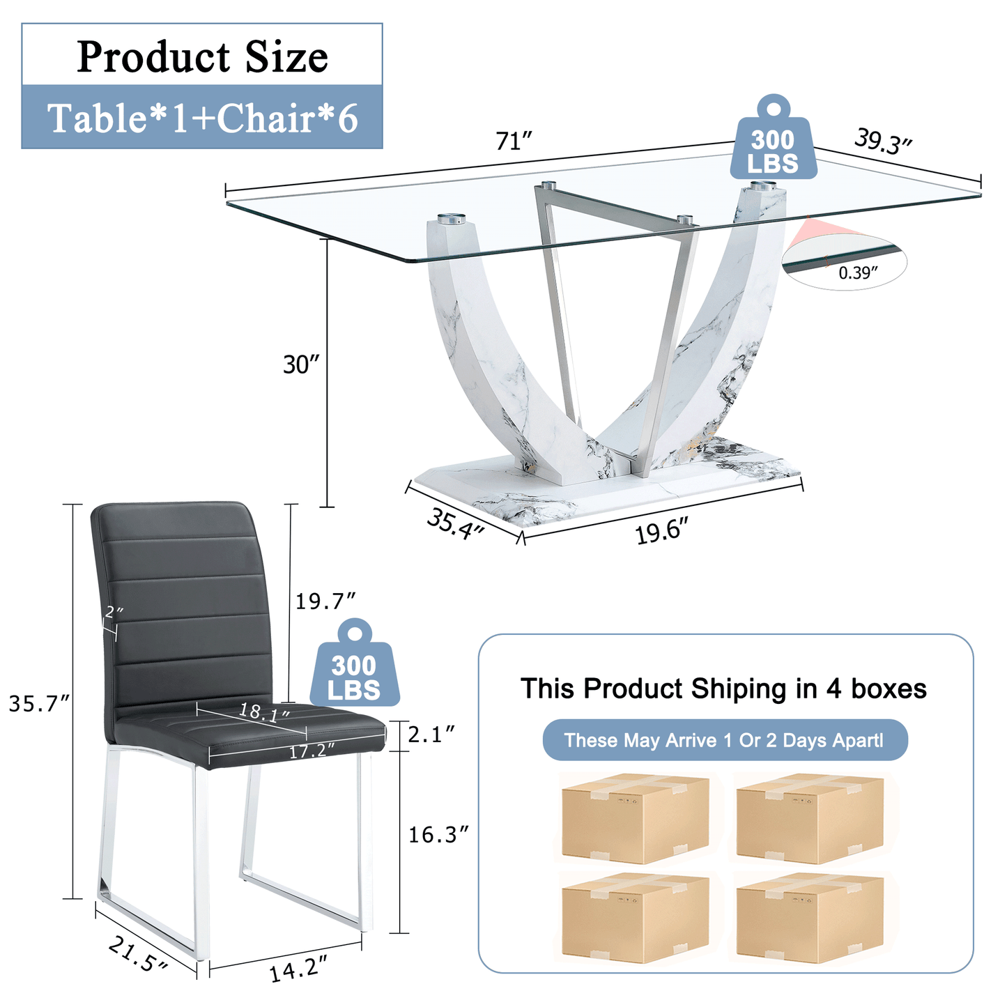 Sudica 7 Pieces Dining Set, 71" Large Glass Dining Table with Marble U Shape Base, Black PU Leather Kitchen Chairs