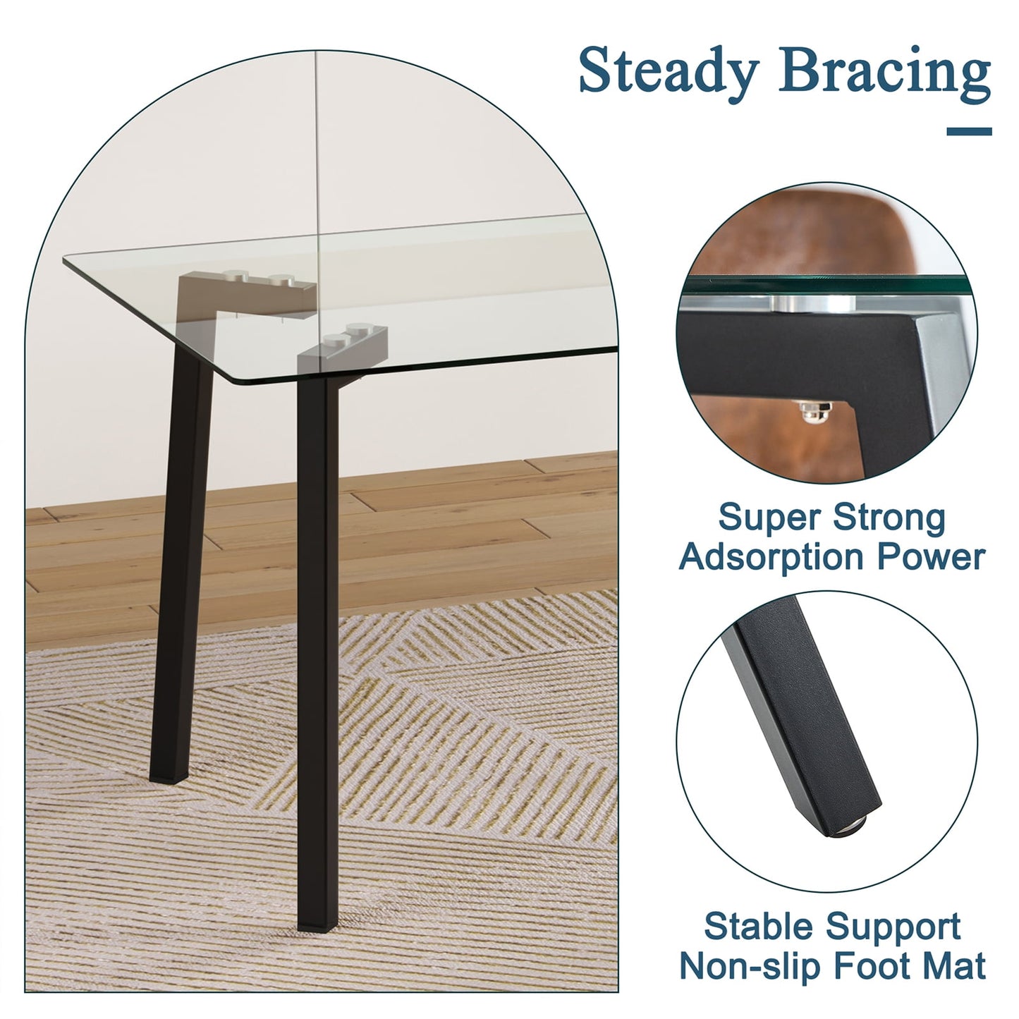 Sudica Glass Dining Table Modern Rectangular Table with Thick Glass Tabletop & Black Steel Legs£¬ 51.2 x 31.5 x 29.5 Inch