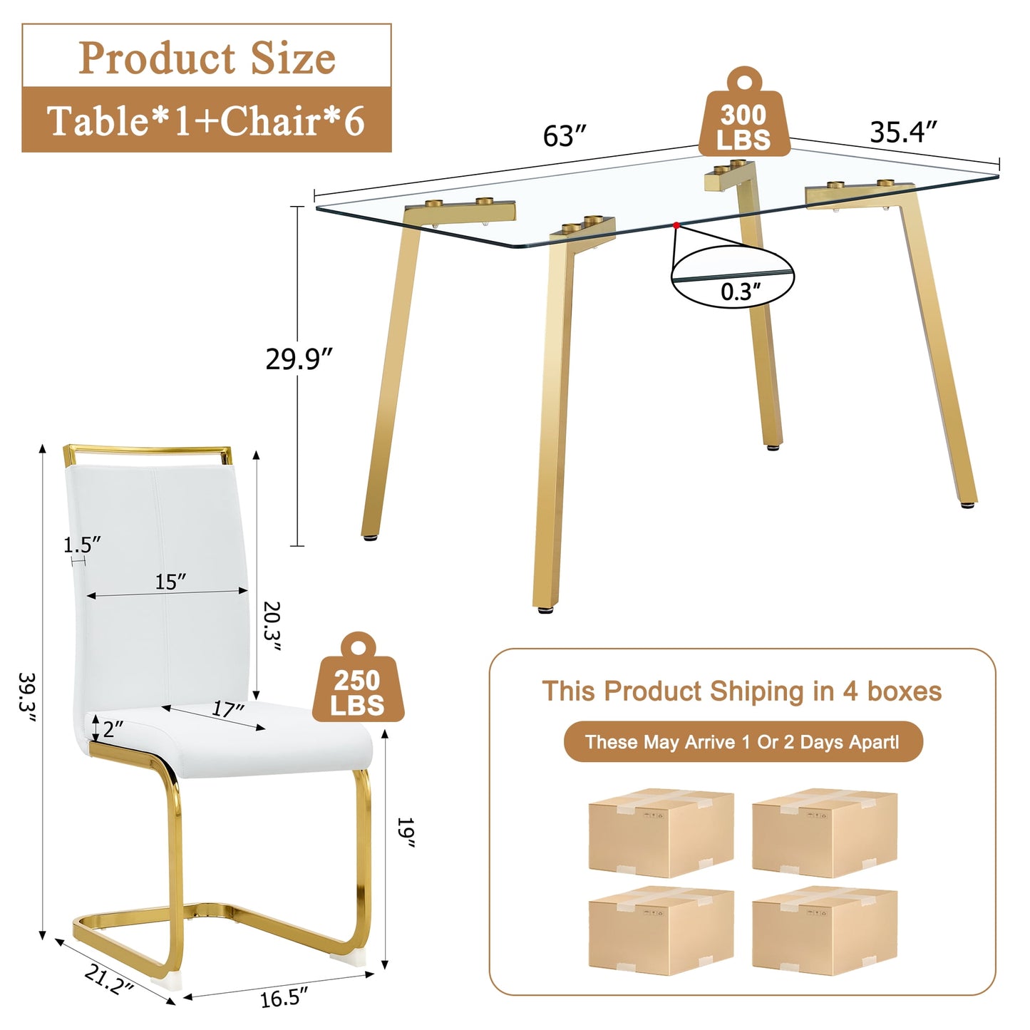 63" Large Glass Dining Table Set for 6, Sudica Gold Legs Kitchen Table with Faux Leather Dining Chairs,White