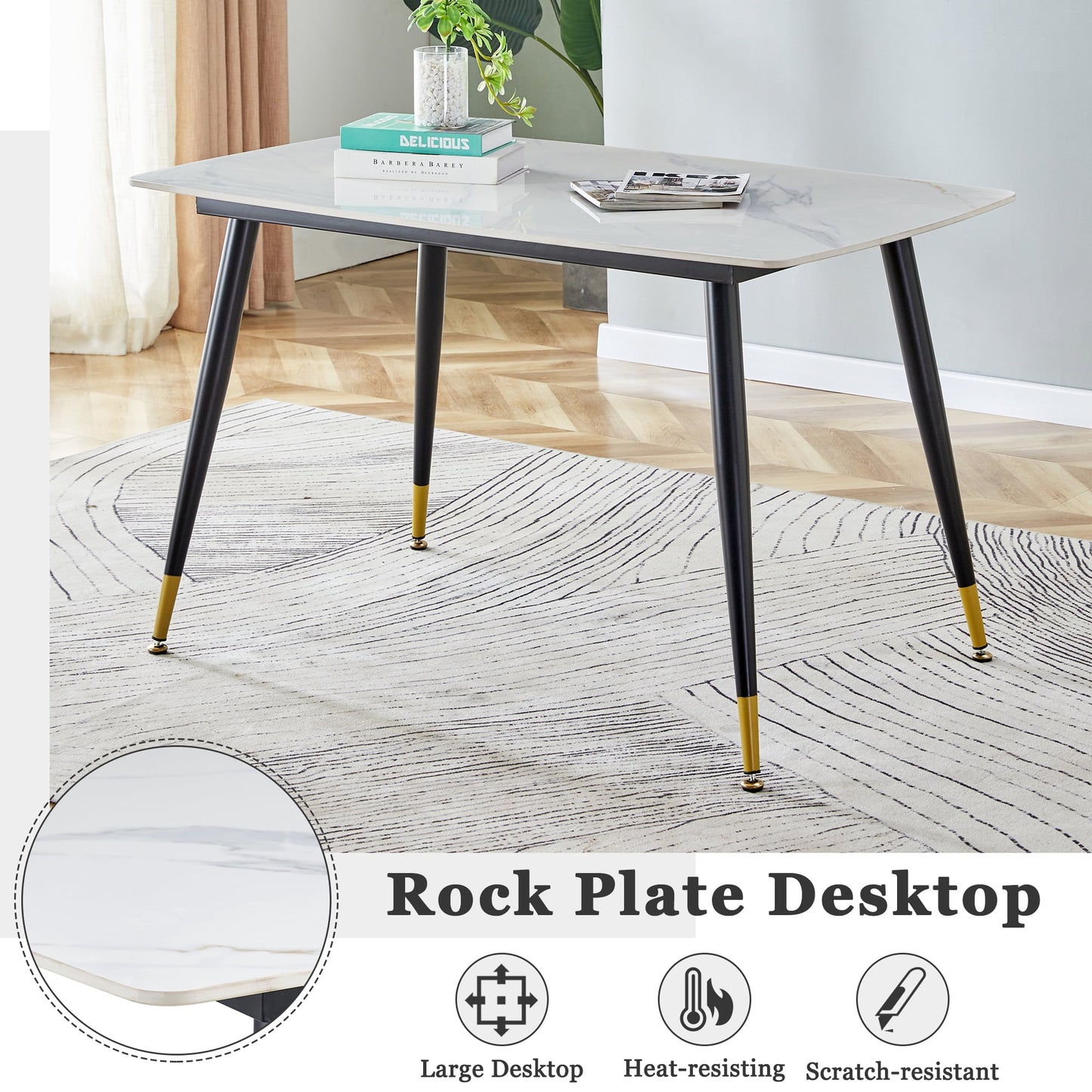 Sudica Dining Table 48" Rectangle Faux Marble Kitchen Dining Room Table with Metal Legs, White