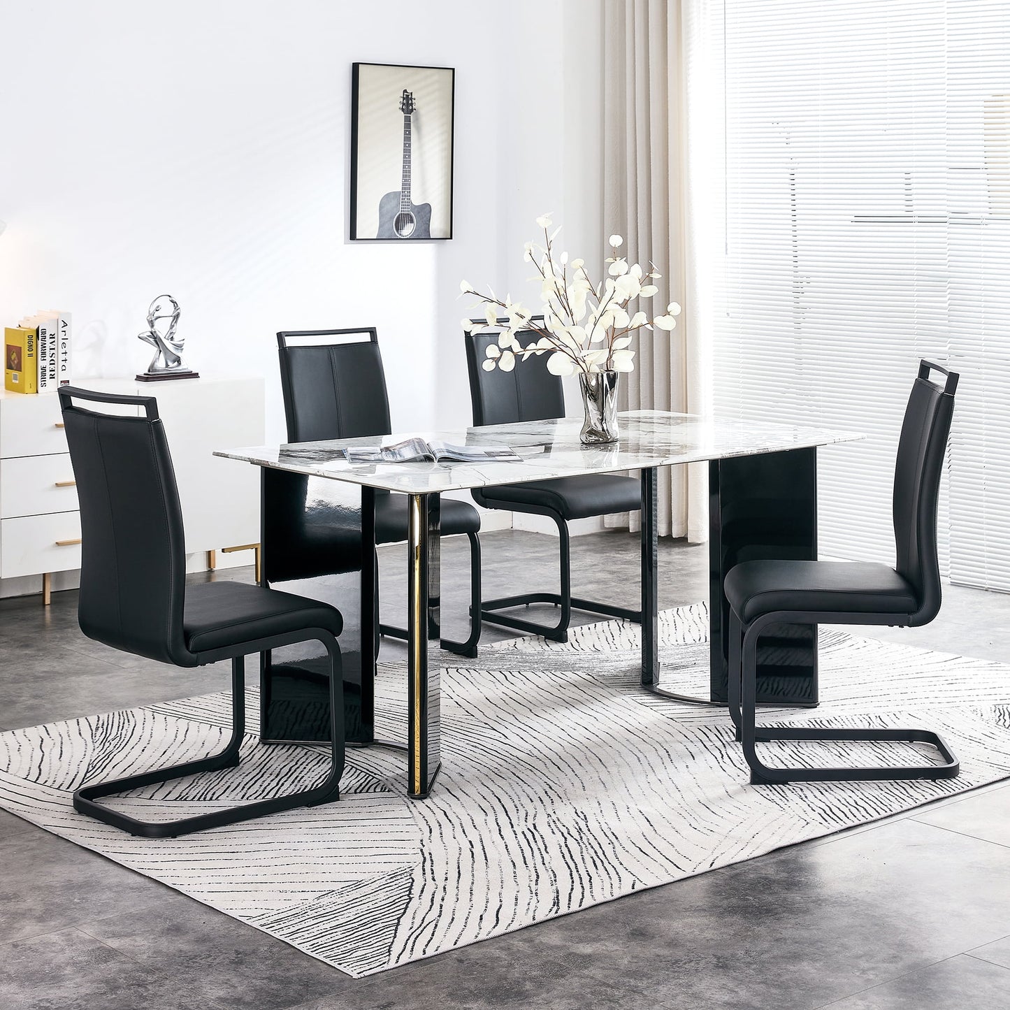 Sudica Dining Set for 4, Rectangular Marble Kitchen Table with Uphlostered Dining Room Chairs, Black Legs