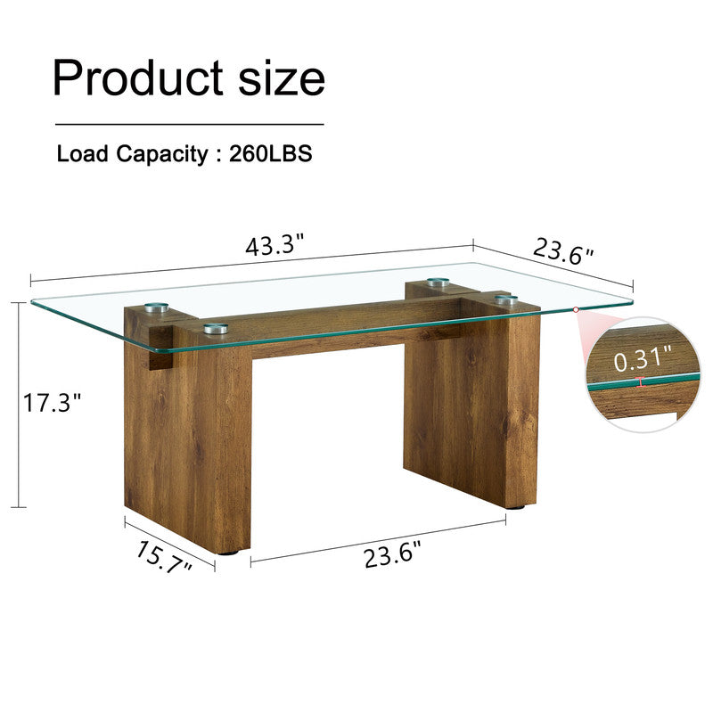 Sudica Rectangular Coffee Table, 43 inch Modern Tea Table with Tempered Glass Tabletop and Wooden Legs for Living Room