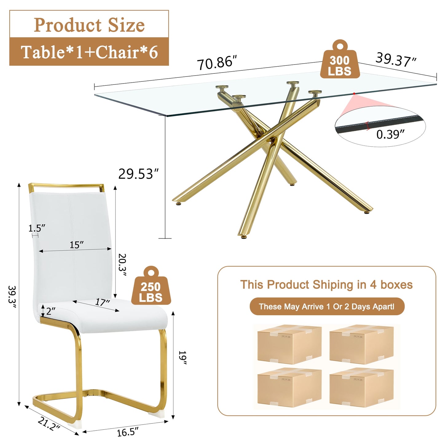 Sudica Glass Dining Table Set for 6, 71" Large Rectangular Kitchen Glass Dinner Table with Upholstered Golden Legs Dining Room Chairs, White