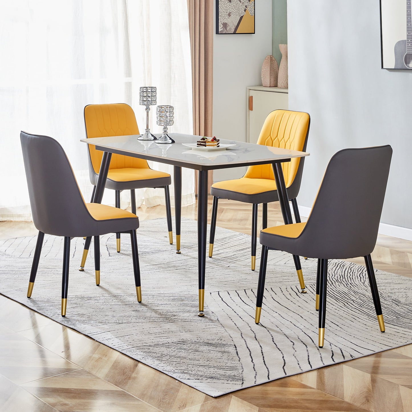 Sudica 5-Piece Compact Dining Table Set,White Dining Tabletop with 4 Faux Leather Dining Room Chairs, Yellow