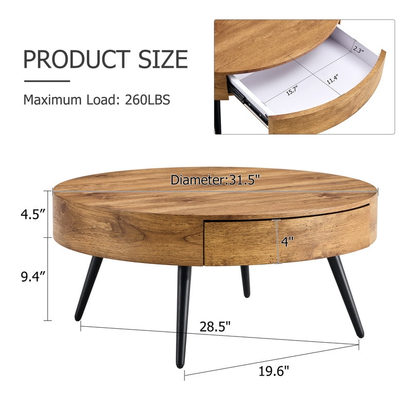 Sudica Coffee Table with added drawers, 31.5"Wooden Round Modern Coffe Table with Black Legs for Living Room,tea room.