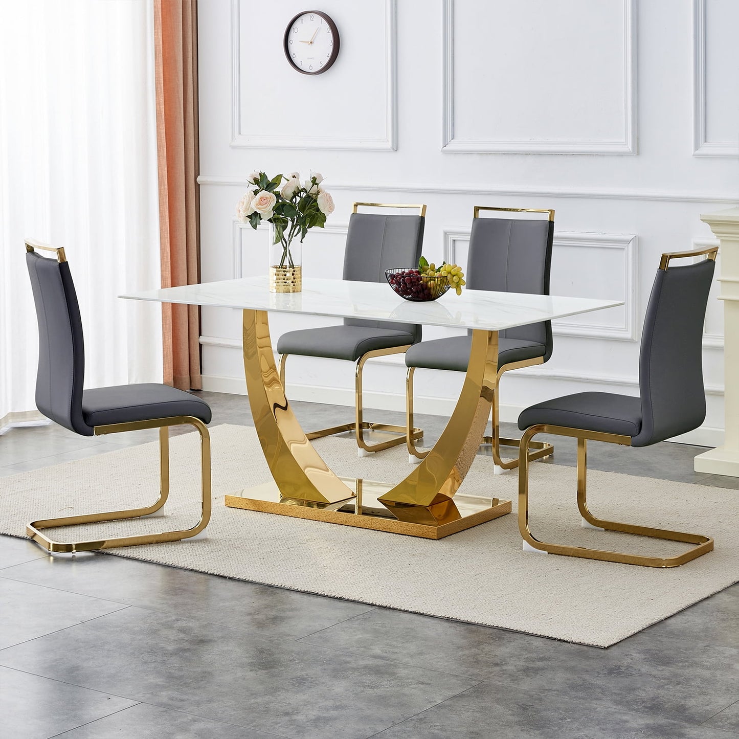 5 Piece Dining Table Set, Sudica Rectangular Faux Marble Kitchen Table with 4 Leather Gold Legs Dining Chairs,Dark Gray