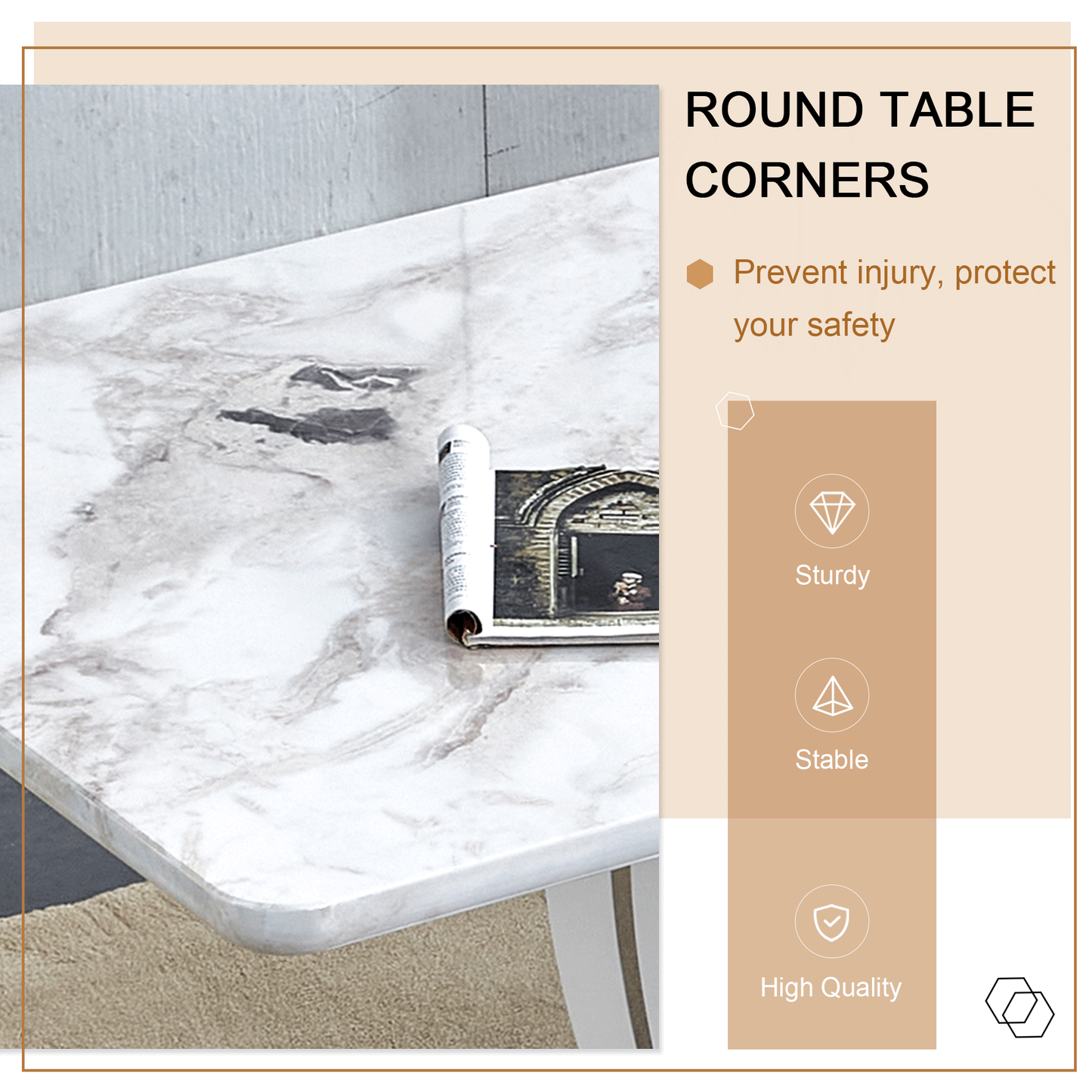 Sudica White Marble Dining Table, 71" Modern Large Rectangular Kitchen Table with U Shape Base for Dining Room