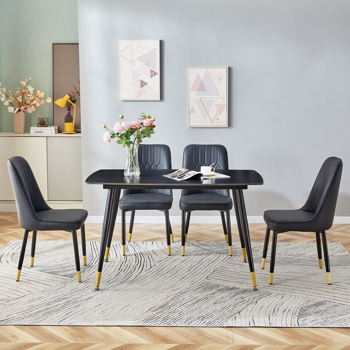 Sudica 5-Piece Kitchen Dining Table Set,Black Faux Marble Dining Tabletop with 4 Faux Leather Dining Room Chairs, Black