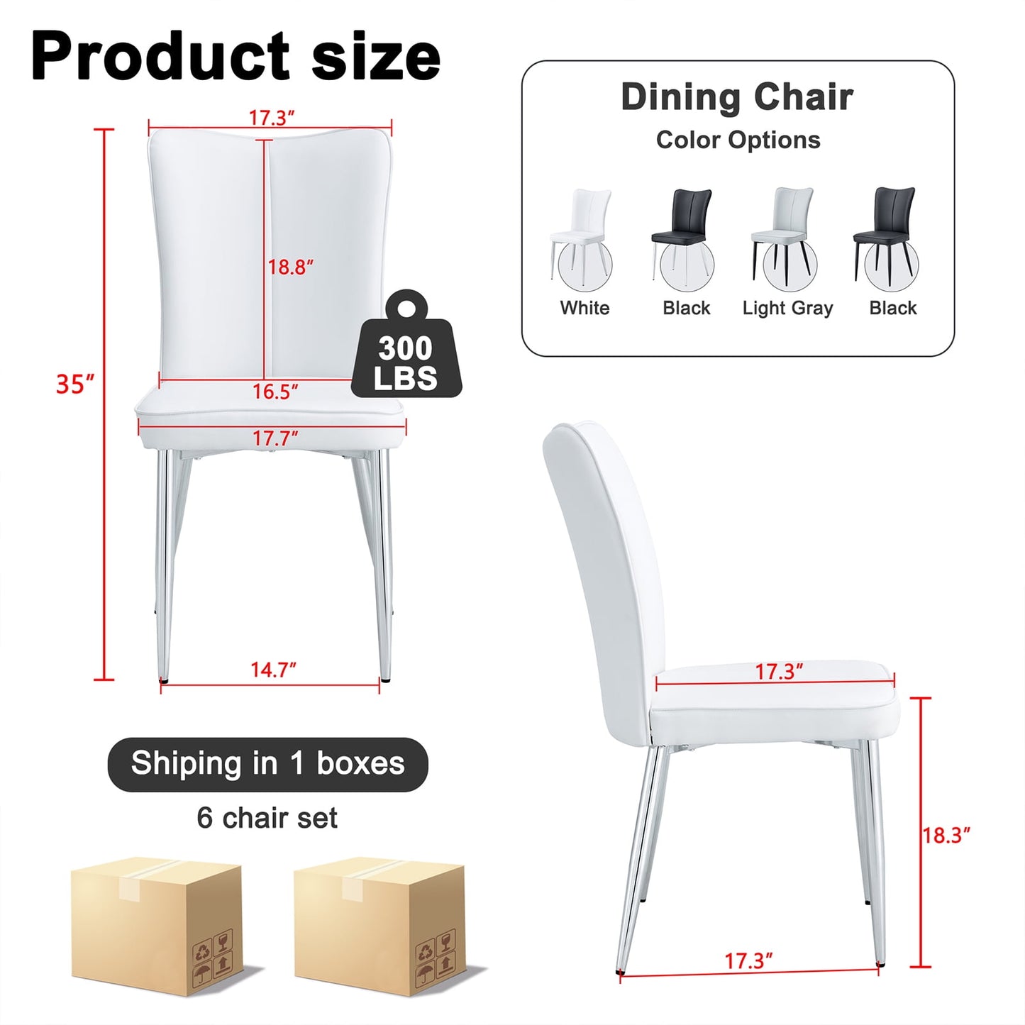 Sudica Modern Dining Chairs Set of 6, Upholstered Leather Kitchen Chairs with Metal Legs, White