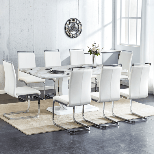 Sudica White Dining Table Set for 8, 71" Marble Kitchen Table with PU Leather Dining Room Chairs, White