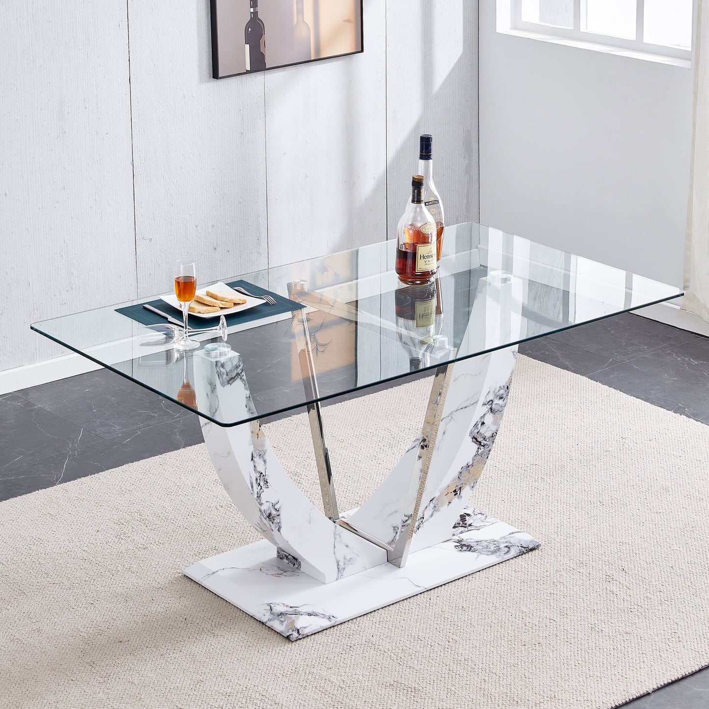 Sudica Glass Dining Table 63" for 6 People Modern Rectangular Kitchen Dining Room Table with Tempered Glass U-Shape Marble Base, White