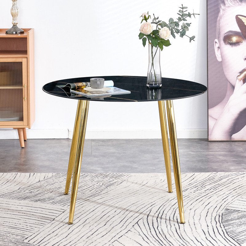 40 Inch Round Marble Dining Table for 4, Sudica Black Marble Table with Gold Legs Compact Kitchen Table for Living Room