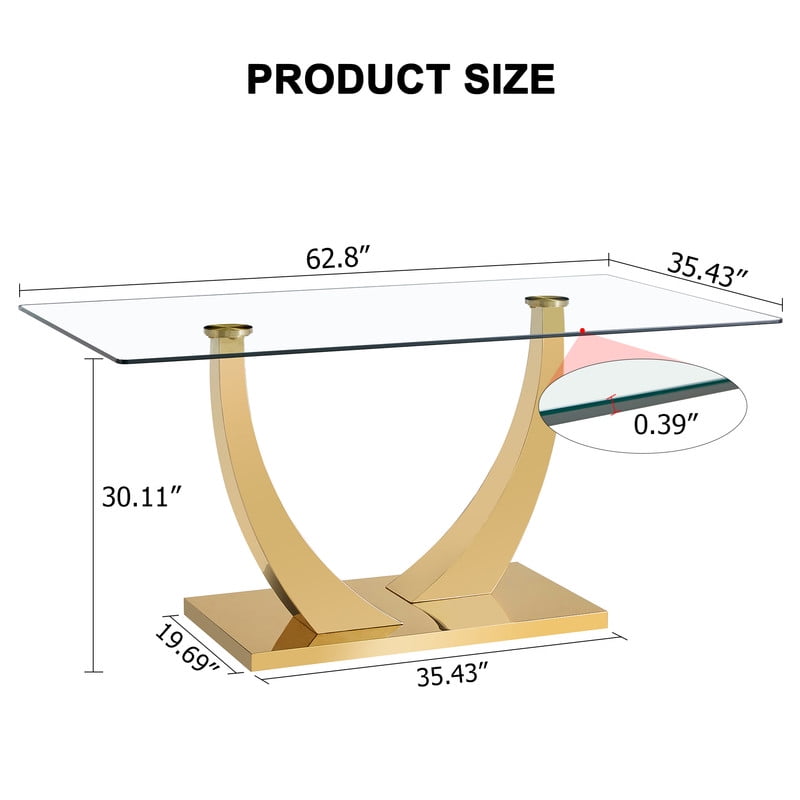 Sudica Modern Glass Dining Table, 63 inch Large Dining Room Table with Golden U shape Base for Kitchen