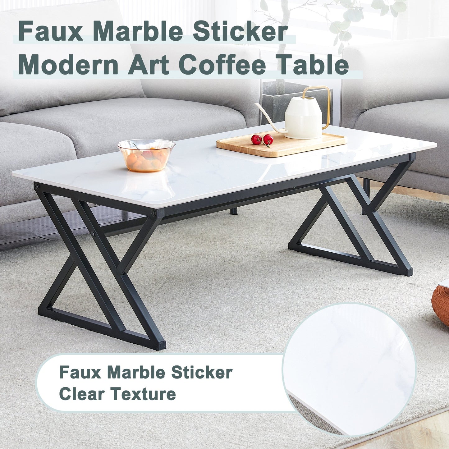 Sudica White Faux Marble Coffee Table with Black Legs, 47 inch Modern Rectangular Center Table for Living Room