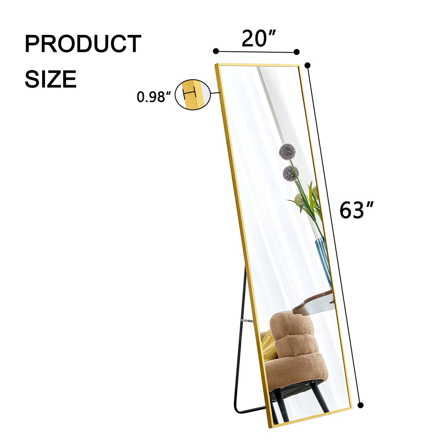 Sudica Standing Floor Mirror 63"x20" Full-Length Rectangular Bedroom Body Mirror with Metal Gold Frame