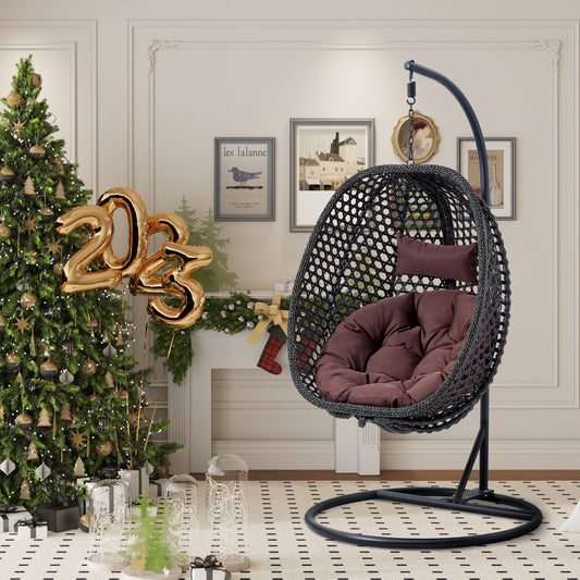 Sudica Hanging Egg Chair with Stand Patio Soft Cushion Rattan Wicker Egg Swing Chair for Bedroom, Garden 350lbs Capacity, Black