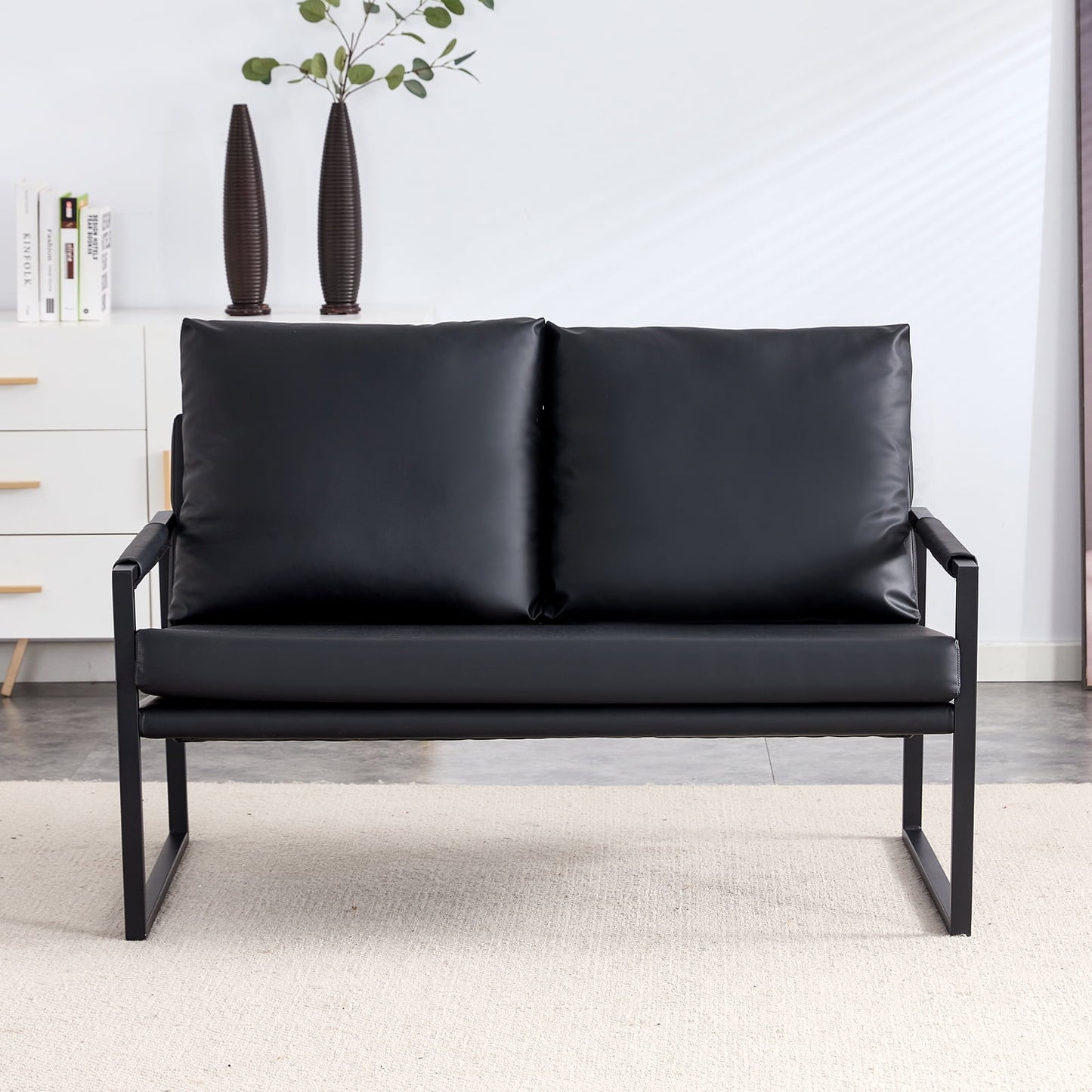 Mid Century Faux Leather Loveseat Living Room Small 2-Seat Sofa Couches with Pillows, Black