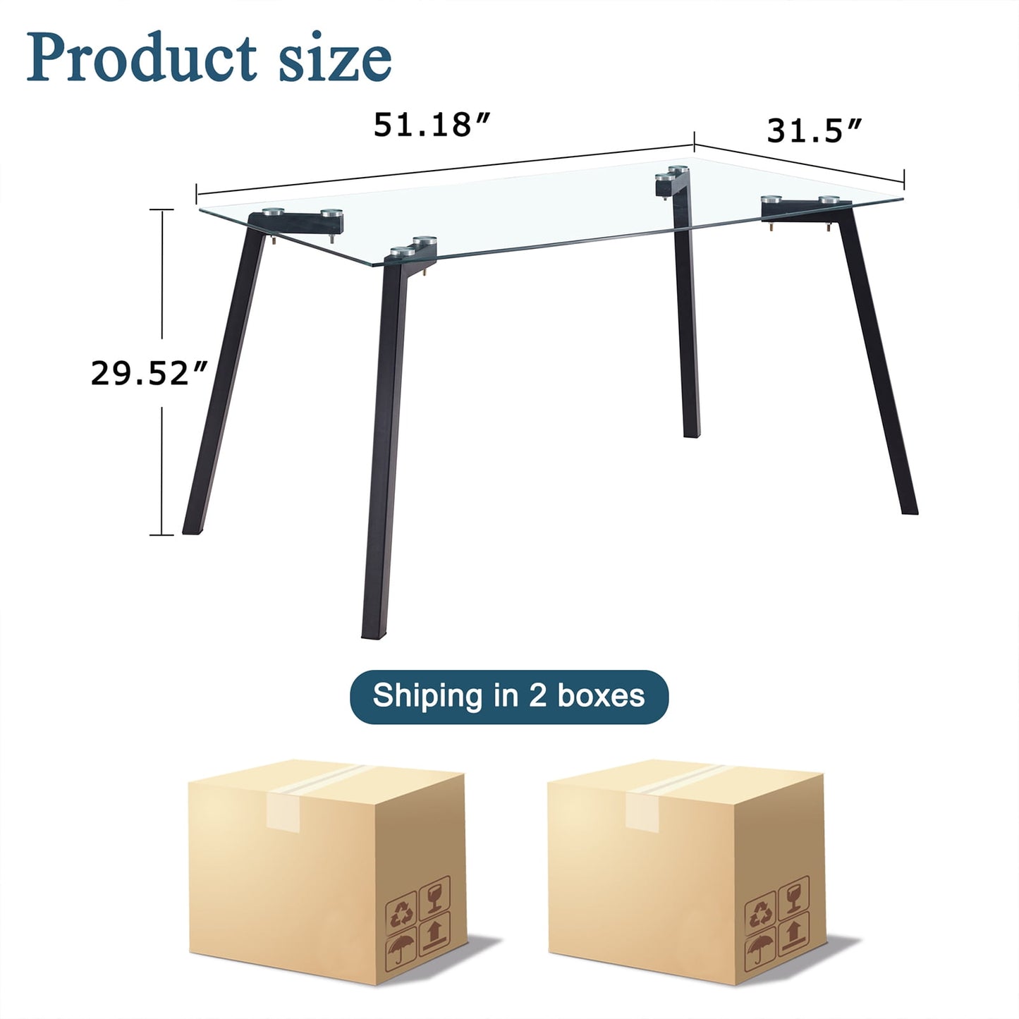 51" Glass Dining Table for 4, Sudica Clear Tempered Glass Modern Rectangular Kitchen Table with Metal Legs