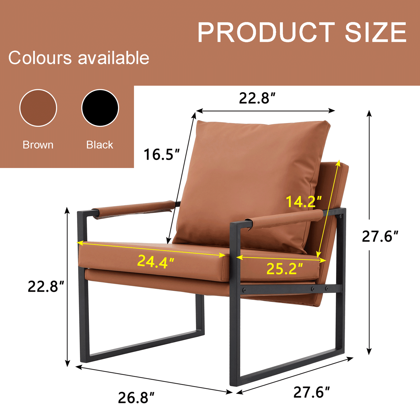 Mid-Century Accent Chair Metal Frame Faux Leather Reading Arm Chair for Living Room and Bedroom, Brown