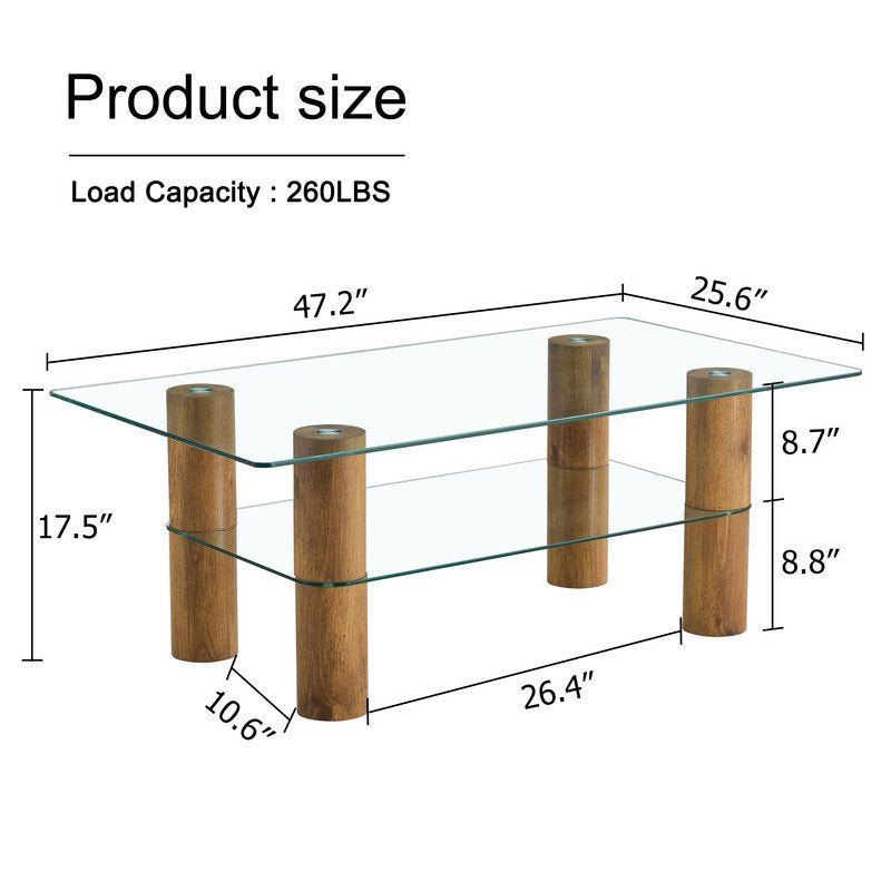 Modern Minimalist Double Layered Transparent Tempered Glass Coffee Table,47 inch Sudica Rectangular Tea Table with wooden Legs